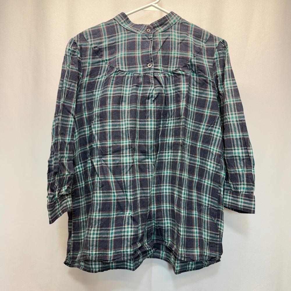 L.L. Bean Plaid‎ Blouse Women 16 Blue Green 3/4 Sleeve Cotton Tartan Plaid Top